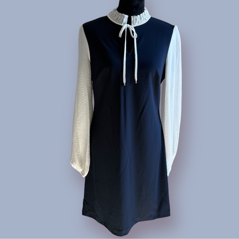 Tommy Hilfiger Navy Blue Sheath Dress With Cream Long Sleeves - New with Tags